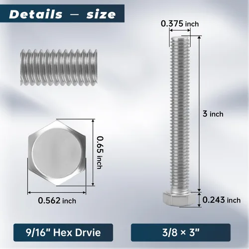 Vista 57 de 10 juegos Glvaner de tornillos de cabeza hexagonal de acero inoxidable 5/16-18 x 2", tuercas, arandelas planas y de seguridad, acero inoxidable 18-8