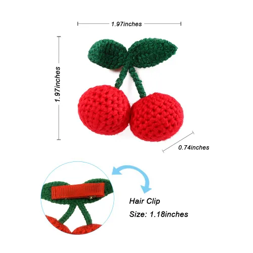 Vista 2 de 2 piezas de pinzas para el cabello para niñas, barrettes de cereza dulce hechas a mano en crochet, pinzas para el cabello tejidas a mano