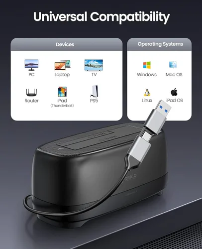 Vista 6 de ORICO Estación de acoplamiento de disco duro para USB C 2.5"/3.5" SSD HDD SATA I II III Base de disco duro externo 22TB 2 en 1 Tipo C a USB A Cable