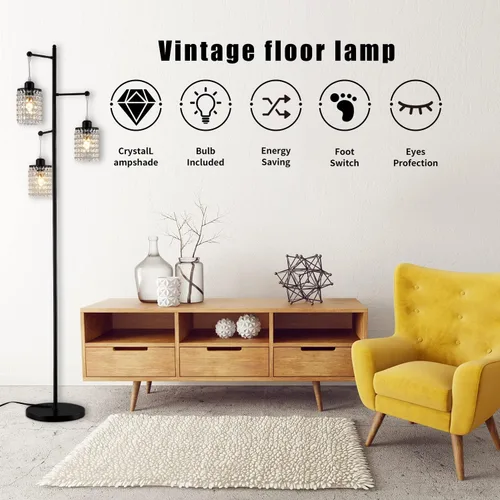 Vista 2 de beaysyty Art Decor Crystal Black Lámpara de pie de 3 luces contemporánea pantalla de cristal para sala de estar, dormitorio, oficina
