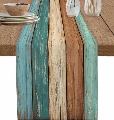 Vista 9 de Camino de mesa retro de lino y algodón geométrico, tapete rectangular para tocador, tablones de madera rústica, alfombra al aire libre para café