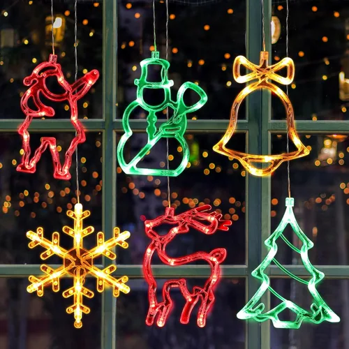 Baquler 6 piezas de luces de ventana de Navidad con ventosa, luces colgantes para ventanas de Navidad que funcionan con pilas, Santa, reno, muñeco