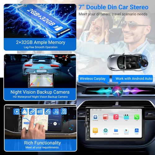 Vista 5 de Haudio Estéreo de coche de 7 pulgadas doble DIN inalámbrico Carplay y Android Auto, 1080P AHD cámara de respaldo, 2G+32G DSP pantalla táctil Radio