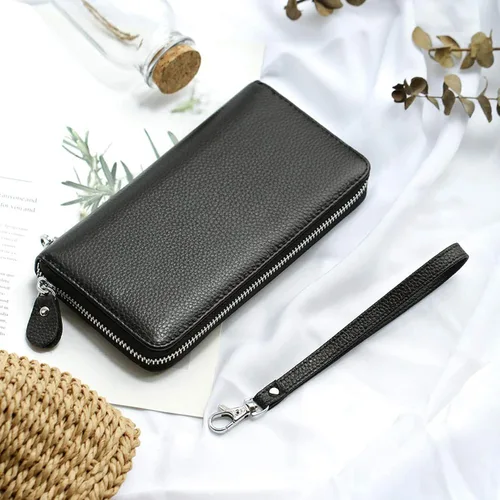 Vista 6 de Cartera para mujer con bloqueo RFID, de piel auténtica, con cremallera alrededor, cartera de mano, cartera de mano, cartera larga de viaje para mujer