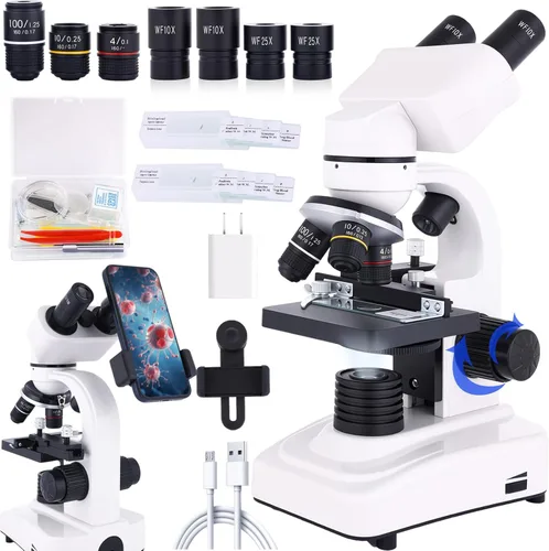 Vista 9 de Microscopio de aumento 40X-2500X WF25x oculares, iluminación LED dual, microscopio para adultos, microscopio binocular para escuelas, hogares
