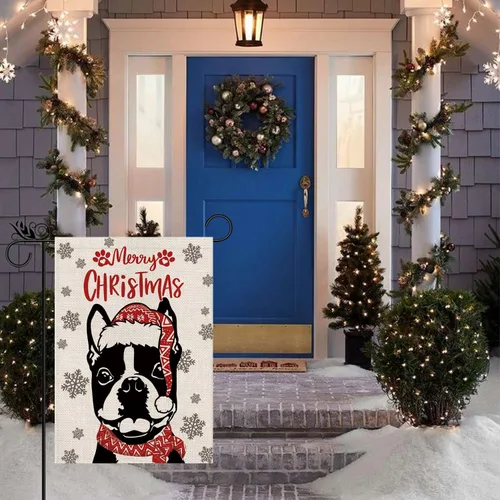 Vista 4 de Sombrero de bandera de jardín de Navidad, Boston Terrier con bufanda, decoración navideña de invierno, vacaciones, arpillera, vertical, doble cara