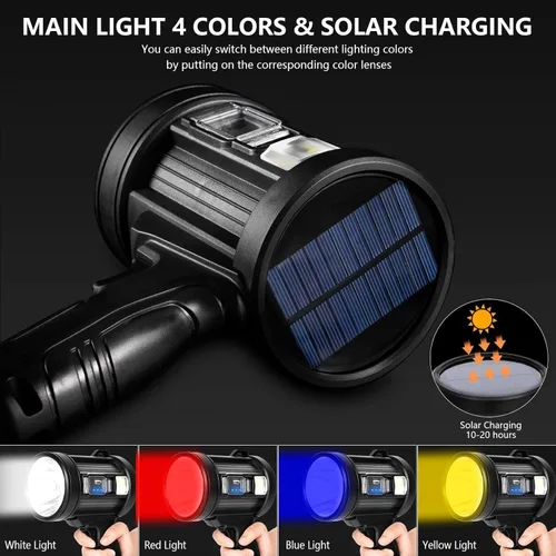 Vista 6 de MIXILIN Foco recargable, 2,000,000 lúmenes, linterna de caza de mano, luz LED con luz de mazorca y paneles solares, proyector ligero y súper
