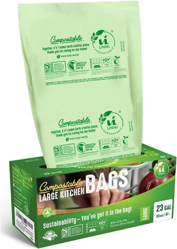 Vista 13 de Bolsas de basura compostables UNNI, 2.6 galones / 9.84 litros, 100 unidades, extra gruesas de 0.71 mil, forros para contenedores pequeños de restos