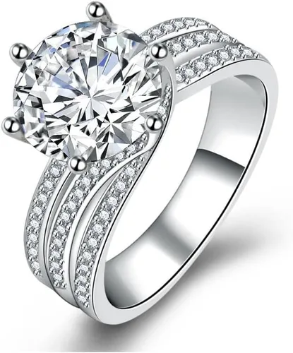 Vista 2 de hsiyyecg Anillos de compromiso chapados en plata de ley 925 con circonita cúbica de corte redondo, anillo de corona, anillo solitario de promesa