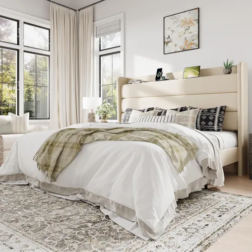 Vista 11 de Allewie Estructura de Cama Tapizada Tamaño Full con Estación de Carga y Cabecera con Almacenamiento, Cama Plataforma de Terciopelo Suave