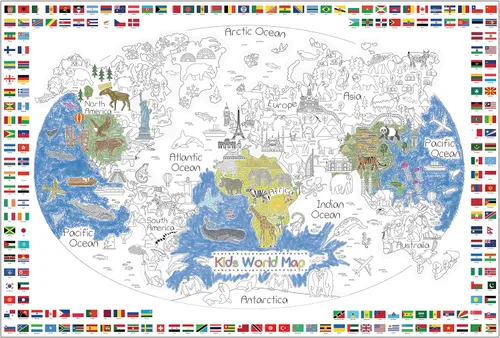 Dekali Designs Kids World Map Coloring Poster - 35 x 52 Inches Jumbo Coloring Poster With World Flags for Classroom, Home, Birthday Parties or Other