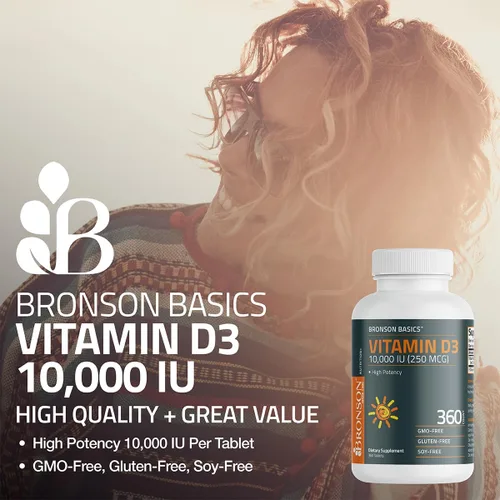 Vista 3 de Bronson Vitamina D3 10,000 UI (250 MCG) para función muscular saludable y apoyo inmunológico, sin OGM, 180 tabletas