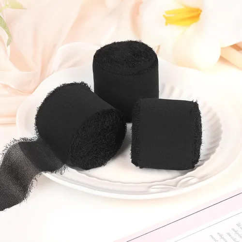 Vista 3 de 3 rollos de cinta de gasa con flecos hecha a mano, de chifón, color negro, de 1.5 pulgadas de ancho x 7 yardas de largo, cinta estilo seda