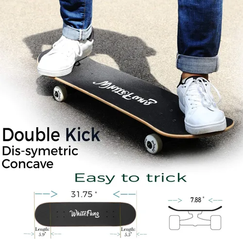 Vista 3 de WhiteFang Patinetas para principiantes, patineta completa de 31 x 7.88 pulgadas, 7 capas de arce canadiense con doble kick cóncavo estándar
