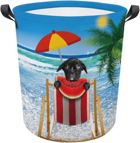 Vista 17 de Cesta plegable con estampado de perro, lindo cachorro Basenji sandía, cesta de lavandería con asa, caja de juguetes, bolsa de almacenamiento