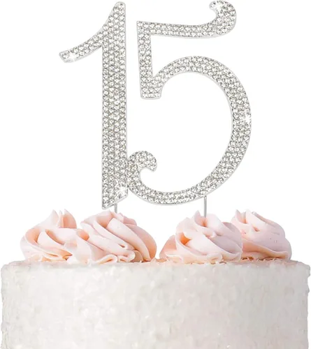 Decoración de 15 tartas – Metal plateado de alta calidad – 15 cumpleaños o fiesta de aniversario – Decoración brillante para pastel de quinceañera