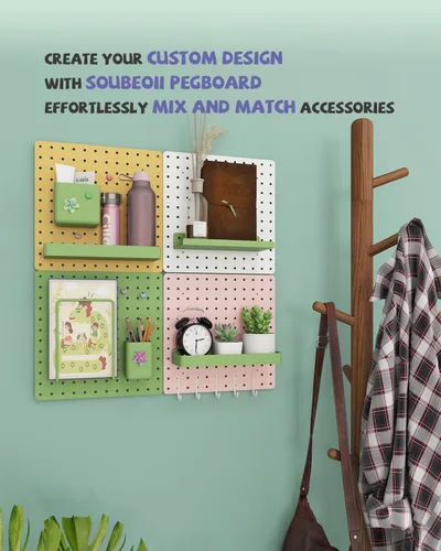 Vista 6 de Kit combinado de tablero de clavijas de metal, 4 tableros de clavijas de acero al carbono con 26 accesorios, organizador de pared para el hogar