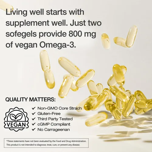 Vista 5 de Suplemento vegano Omega 3 DHA – Aceite de algas, DHA a base de plantas, 800 mg, sin carragenina, reemplazo para aceite de pescado, apoya el corazón