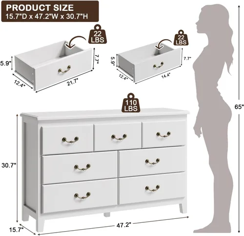 Vista 9 de Cómoda blanca para dormitorio, cómoda de granja para dormitorio, cómoda ancha de almacenamiento para sala de estar, pasillo, entrada