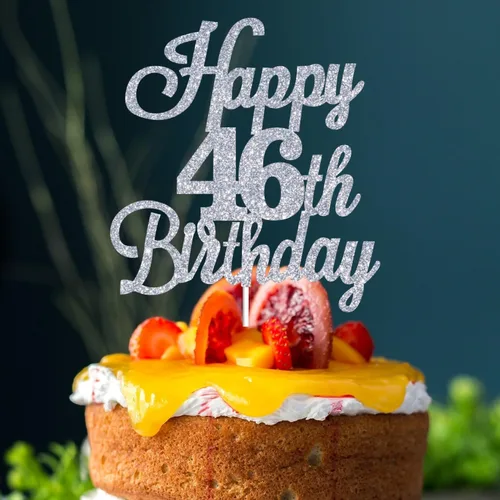 Vista 6 de Decoración para tartas de cumpleaños número 46 con purpurina plateada, decoración de cumpleaños de 46 años, decoración de cumpleaños de 46 años