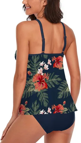 Vista 2 de Omichic Modest Tankini Sets for Women's Swimsuits 2 Piece Athletic Bathing Suits Flowy Tank Top with Mid-Waist Bikini Bottom