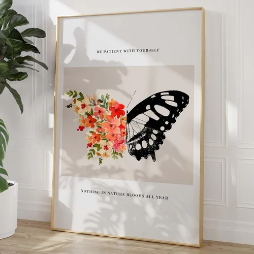 Be Patient with Yourself Art Butterfly Flower Picture Mental Health Wall Art Watercolor Flower Poster Positive Afirmations Pictures Black Butterfly