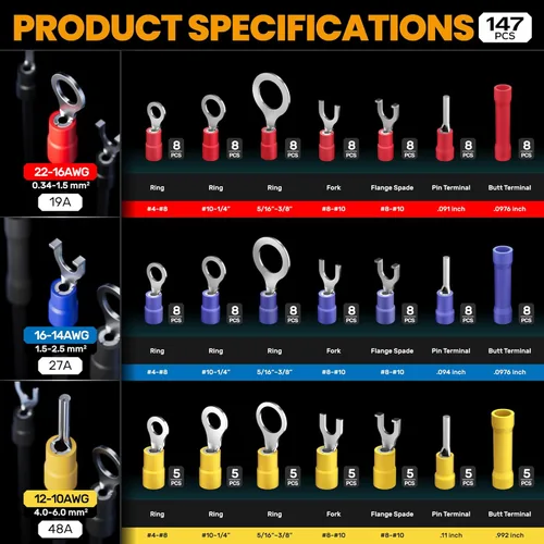 Vista 4 de SOMELINE Kit de herramientas de prensado de conectores eléctricos, crimpadora de terminales de trinquete 22-10 AWG, con conectores aislados a tope