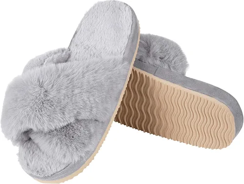 Vista 4 de Comwarm Pantuflas mullidas de banda cruzada para mujer, con puntera abierta, acogedoras, de felpa, para dormitorio, interiores y exteriores