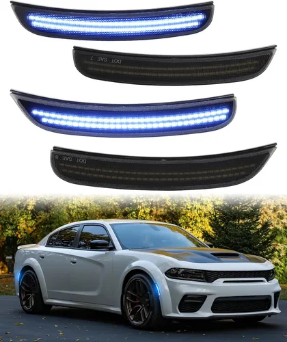 Vista 8 de Luces LED azules de marcador lateral para Dodge Charger 2015 2016 2017 2018 2019 2020 2021 2022 2023 2024, lámparas de parachoques delantero