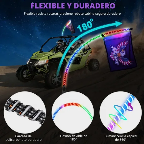 Vista 6 de Nilight Luz LED para látigo, 1 antena COB RGB de 2 pies con base de resorte, aplicación Bluetooth y control remoto, patrones de persecución