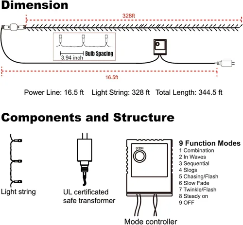 Vista 3 de LJLNION 1000 luces LED de Navidad, extralarga de 328 pies de alambre verde de Navidad para enchufar al aire libre, control remoto y 8 modos