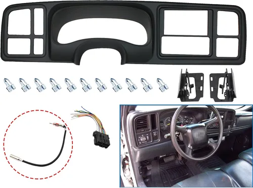 Vista 2 de Kit de tablero YHB de doble DIN con arnés de cables y adaptador de antena para camionetas/SUV de tamaño completo GM Silverado Sierra de 1999-2002