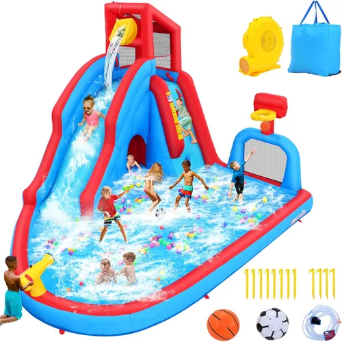 Vista 8 de AKEYDIY Tobogán acuático inflable: cubo de volteo, caseta de rebote de agua, parque de tobogán acuático inflable con piscina de salpicaduras, pared
