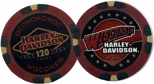 Harley-Davidson Ficha de póquer del 120 aniversario de Wisconsin, chip rojo de edición limitada