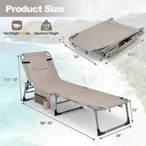Vista 3 de Goplus Silla de bronceado, silla plegable de playa al aire libre con agujero para cara y brazo, correa de transporte, almohada, silla de descanso