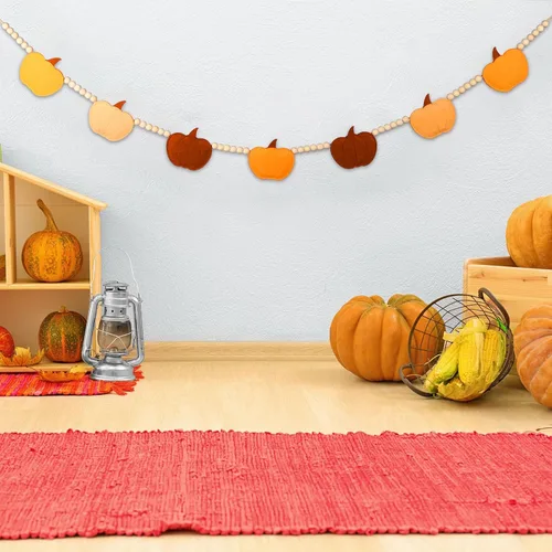 Vista 7 de Capoda Decoraciones de otoño de fieltro 3D de calabazas con cuentas de madera, decoración colgante de Acción de Gracias para el hogar, chimenea
