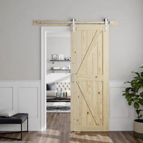 Vista 12 de SMARTSTANDARD Puerta corrediza de granero de 24 x 84 pulgadas con kit de herrajes y mango de níquel cepillado de 5 pies, se requiere un montaje