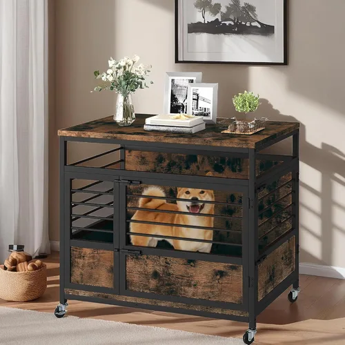Vista 3 de YITAHOME Mueble de jaula para perros de 32 pulgadas con ruedas, mesa auxiliar de madera decorativa de granja, resistente a las masticaciones