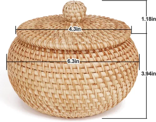 Vista 2 de Cesta redonda de ratán con tapa, tejida a mano, bandeja de mimbre multiusos de 6.3 pulgadas, cesta de almacenamiento de pan y comida de picnic
