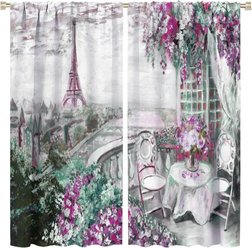 Vista 11 de Cortinas de Torre Eiffel de París, diseño retro de torres rosas, con estampado de torres opacas, bolsillo para barra, cortinas de ventana para Torre