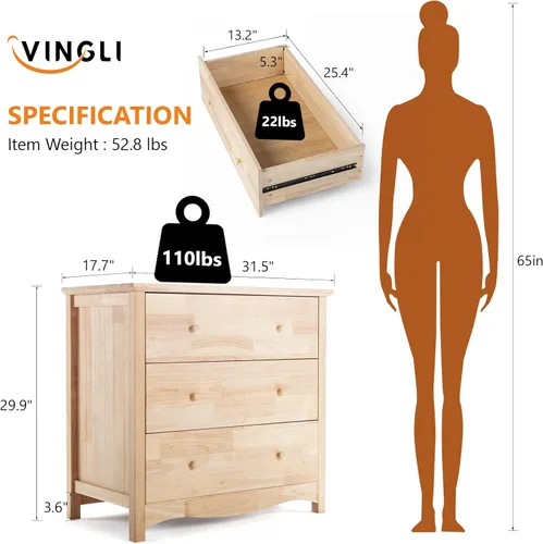 Vista 2 de VINGLI Cómoda de madera maciza sin terminar para bricolaje, cómoda de 3 cajones para dormitorio, cómoda de madera de caucho natural, aparadores