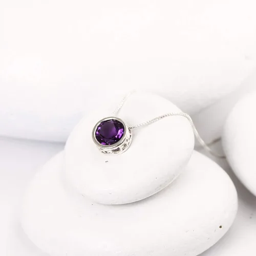 Vista 4 de Silver Slider Solitaire Necklace, 16" or 18" Box Chain; Handmade Birthstone Pendant with Emerald, Sapphire, Garnet, and More Gemstones for women by