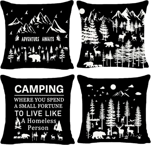 Happy Camping Adventure Awaits Wildlife Animal Pillow Covers 18x18 Inch Set of 2 for Outdoor Farmhouse Porch Patio