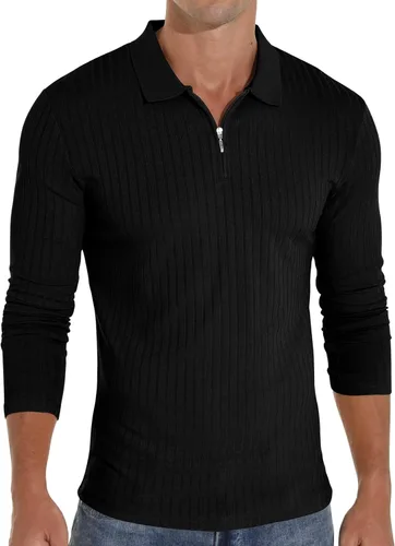 Vista 5 de Askdeer Camisas polo para hombre, con cremallera, clásicas, elásticas, ajustadas, casuales y de trabajo