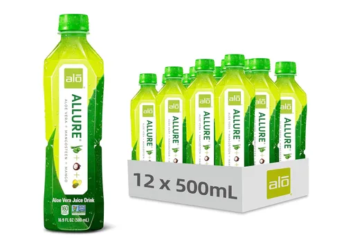 ALO ALLURE - Jugo de aloe vera | Bebida a base de plantas con pulpa de aloe vera, mangostán + jugo de mango, sin aloína, sin OGM | Botellas de 16.9