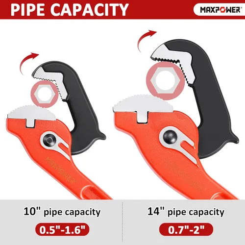 Vista 3 de MAXPOWER Llaves de tubo de 10 y 14 pulgadas, llave de tubo autoajustable de 2 piezas, llave de fontanería autoajustable rápida de agarre rápido