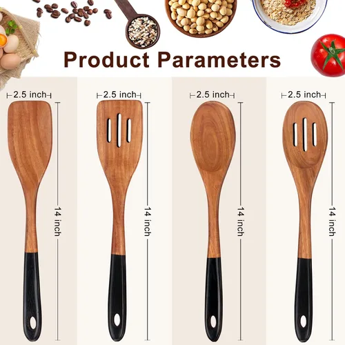 Vista 7 de Juego de cucharas de madera grandes de 14 pulgadas para utensilios de cocina, espátula de madera de acacia, cuchara ranurada, el mejor utensilio