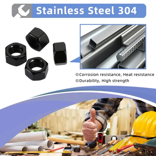 Vista 3 de Mellewell Tuercas hexagonales 1/2-13, tuerca hexagonal de acero inoxidable 304, acabado de óxido negro, 25