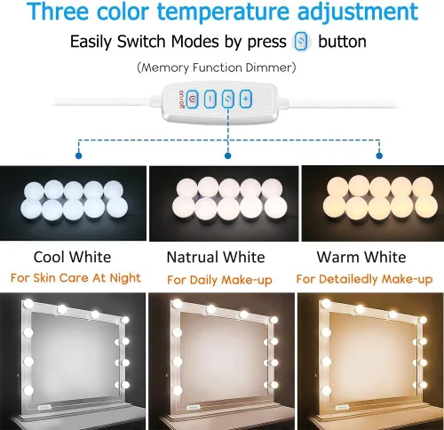 Vista 2 de Luces LED de tocador para espejo, luces de tocador estilo Hollywood con 10 bombillas regulables, color y brillo ajustables, cable USB, luces