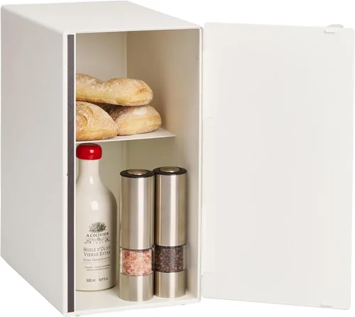 Vista 11 de YAMAZAKI Home Modern Panera – Recipiente de almacenamiento de pan de acero + madera, caja de pan grande amarilla para encimera de cocina, panera que